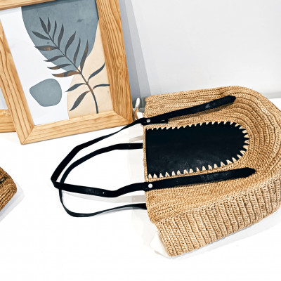 MEVA - Handwoven Half Moon Raffia Bag with Adjustable Leather Handles