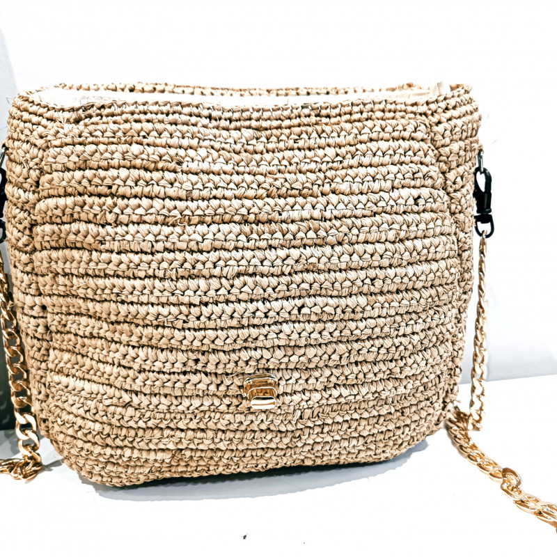 KOLO- Raffia Shoulder Bag with Chains and Zipper Closure