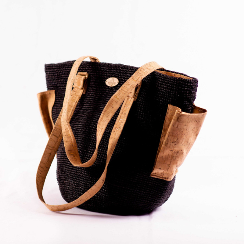 Carinah - black Cork and Raffia Handbag