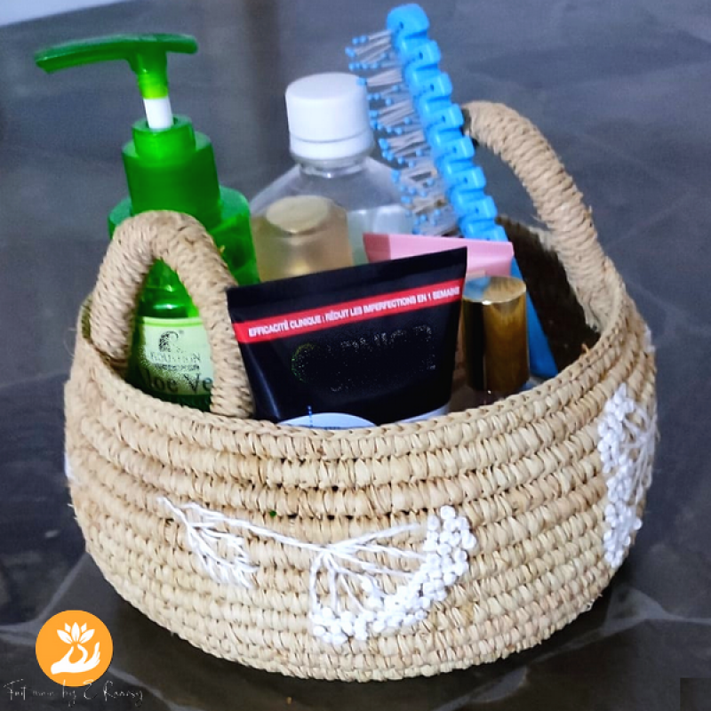 Natural Bathroom Storage Basket with Raffia and Embroidery