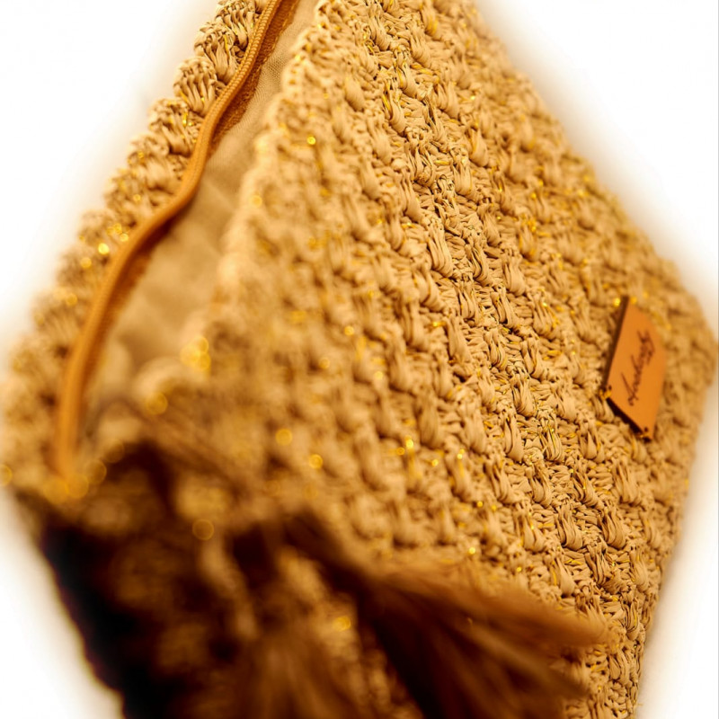 Raphia Clutch in Tea Color with Crochet and Gold Thread - Multi-purpose Pouch "Tropical Paradise"