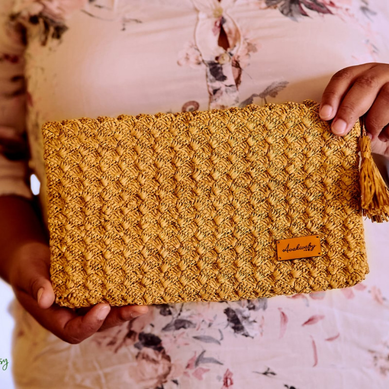 Raphia Clutch in Tea Color with Crochet and Gold Thread - Multi-purpose Pouch "Tropical Paradise"