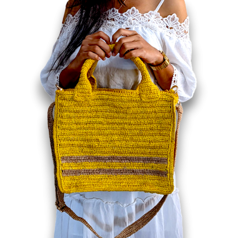 Raffia Bag with Shoulder Straps and Detachable Crossbody Strap